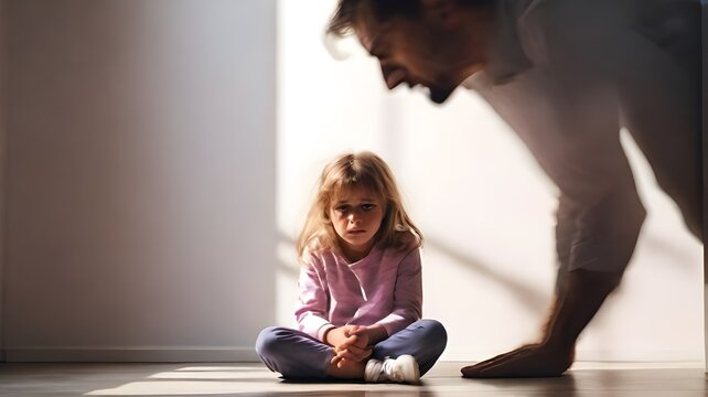 Domestic & Family Violence. A man swings to hit a little girl. Domestic violence, victim child, despotic parent, psychological violence abuse. Awareness of social problem, childhood, physical violence
