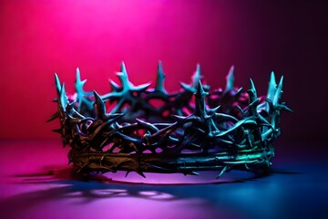 Closeup crown of thorns with royal shadow in neon background with copy space. Symbol of suffering. Symbolizing the sacrifice of Jesus Christ. Christian symbol. Easter concept