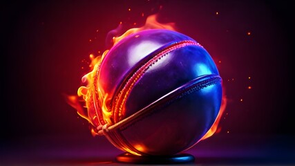 World Cricket Day April 24. Close-up of flying cricket leather ball through the air with fire and smoke on neon background. Blue cricket ball spins and bounces transition. World Cricket Day April 24