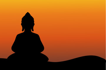 Fototapeta premium Buddha meditating silhouette and sunset background illustration
