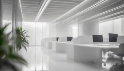 Abstract blurred bright white lighting illuminates minimalist white furniture in a tranquil space