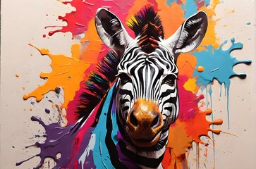 Multicoloured abstract zebra stands out against splattered paint background. Perfect for banner, or...