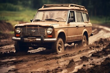 Close-up of a jeep driving fast through the mud and dirty puddles on a challenging road. Off-road travel concept. Off road adventure 