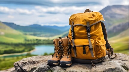 Close up of backback with hiking boots on the rock of mountain and lake landscape. Hiking, travel adventures concept. Hiking equipment. Travel time