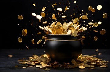 Gold coins exploding from a black pot in dark background. Black cauldron with money. Casino, jack pot, gold wealth, cash back, abundance, money saving, bonanza concept. Happy Dhanteras.