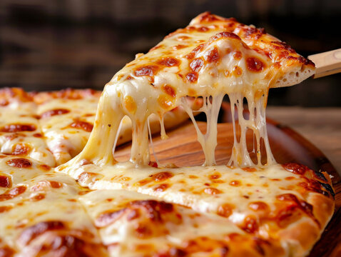 Slice of gooey cheese pizza being lifted from the whole pie