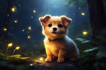 Cute puppy in a nighttime forest surrounded by glowing fireflies. Perfect for magical wallpaper, banner for pet shop. 