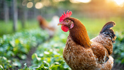 chickens roam idyllic farm, symbolizing sustainable agriculture and animal welfare