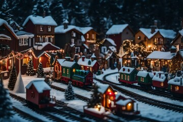 A festive holiday village complete with miniature houses and a miniature train 