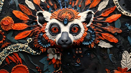 3D Relief Sculpture of Lemur Head Wearing a Vibrant Mask of Feathers and Beads