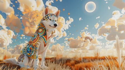 Colorful Patterned Husky in Dreamy Psychedelic Grass Field with Geometric Shapes