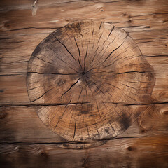 Wooden background with an old wood grain texture and large round slice of tree trunk in the center