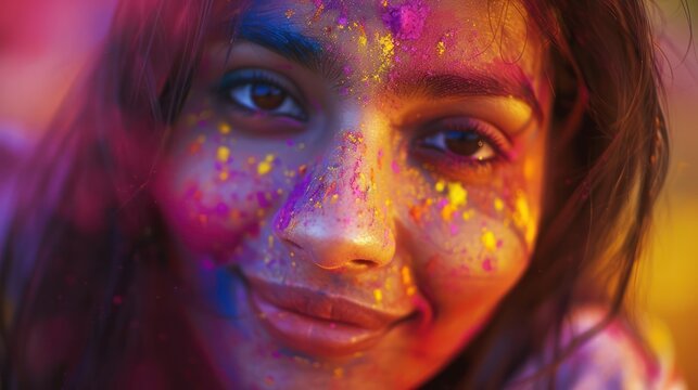 Close-up of a young Indian woman looking at the camera with a playful smile, face covered in colored powder. An explosion of multicolored, bright, colorful pigments in a colorful splash festival.