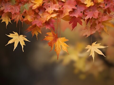 Maple leaves hanging gracefully in mid-air, a serene portrayal of autumn's beauty.