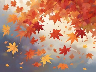 Naklejka na ściany i meble Maple leaves hanging gracefully in mid-air, a serene portrayal of autumn's beauty.