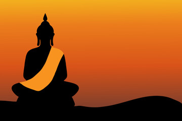 Buddha meditating silhouette and sunset background illustration