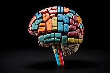 Vibrant 3D brain mosaic with colorful tiles on dark background. Ideal for World Brain Day, mental health awareness, creativity art, or innovative education designs with dynamic appeal