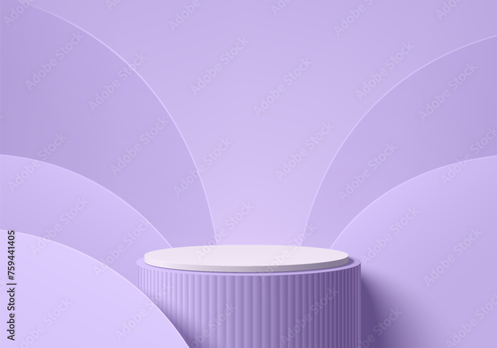 Wall mural 3d purple background with realistic white cylinder stand podium and overlap curve wall scene. pastel