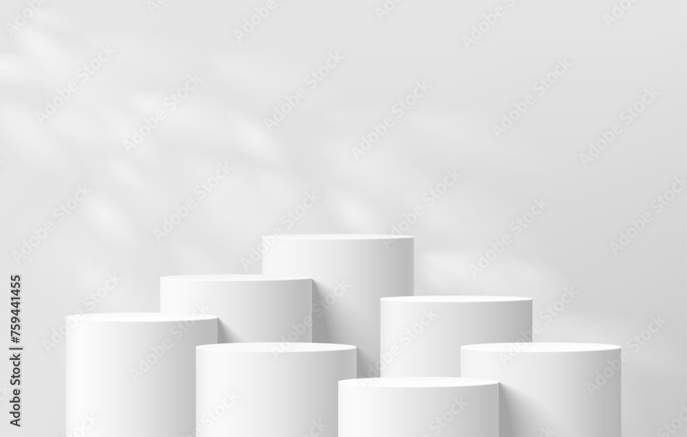 Fototapete 3d background with set of realistic white cylinder podium pedestal and natural leaf light scene. abs