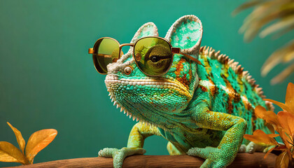 Chameleon wearing sunglasses on a solid green color background