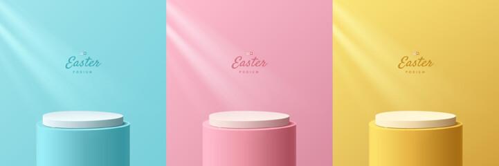 Set of 3D happy easter day background with Yellow, blue, pink and white podium in oval egg shape scene. Pastel minimal scene abstract room. Mockup product display. Geometric platforms. Stage showcase. - obrazy, fototapety, plakaty