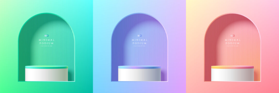 Set of 3D vector background with realistic pink, green, blue hologram and pink podium in arch window scene. Abstract minimal studio rooms. Mockup product display. geometric platforms. Stage showcase.