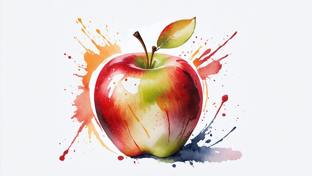Fresh Tasty Red Apple with Green Leave Watercolor drawing on white background. fruit logo design. AI generated