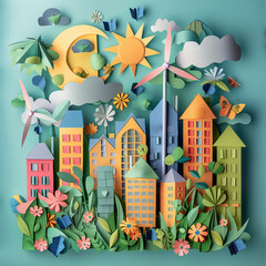 A vibrant paper art cityscape where every cutout building thrives on green energy nestled among paper trees symbolizing a commitment to environmental conservation.