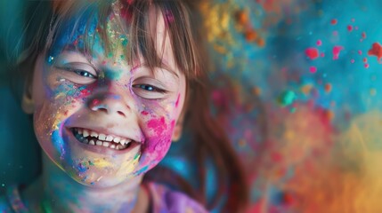 Close-up of a cute smiling young woman with Down syndrome, a fun smile, face covered in colored powder.