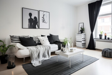 Interior of a black and white classic living room.