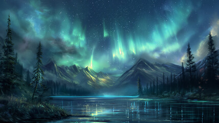 Aurora borealis over snowy mountains.