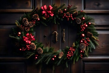 Fototapeta na wymiar Festive wreath hanging on a rustic wooden door, welcoming holiday guests