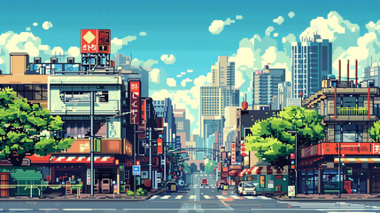 pixel art of city , side street with blue sky , 16 bit ,32 bit game art - obrazy, fototapety, plakaty