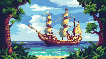 pixel art of galleon ship in the sea with blue sky ,16 bit ,32 bit , game art - obrazy, fototapety, plakaty