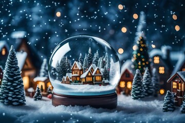 Winter picture with a stunning snow globe depicting a little holiday village.  - obrazy, fototapety, plakaty