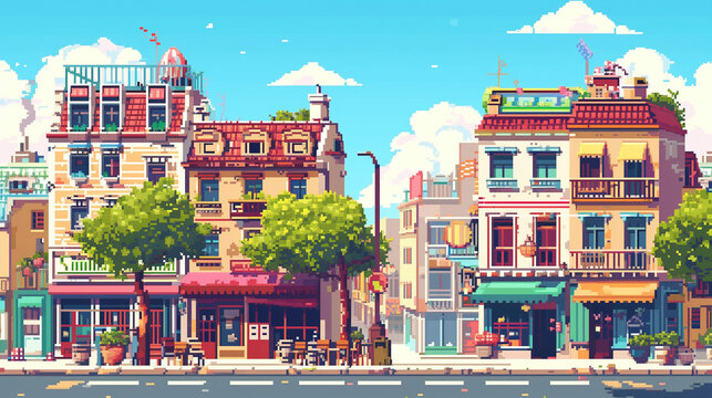 pixel art of city , side street with blue sky , 16 bit ,32 bit game art