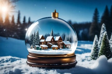 Winter scene with a magical snow globe displaying a miniature holiday village  - obrazy, fototapety, plakaty