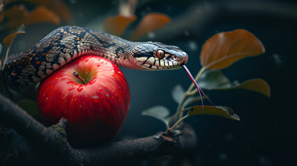  Close up of snake with red apple on dark background.  generative ai  - obrazy, fototapety, plakaty