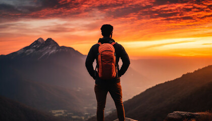 Silhouette of man with backpack atop mountain at sunset, symbolizing triumph, mental health, and adventure - obrazy, fototapety, plakaty