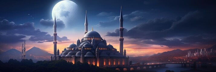 Mosque sunset sky, moon, holy night, islamic night and silhouette mosque, islamic wallpaper - obrazy, fototapety, plakaty