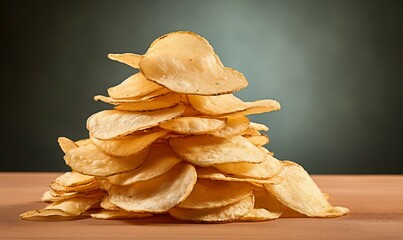 Potato chips on wooden table and dark background. Toned.