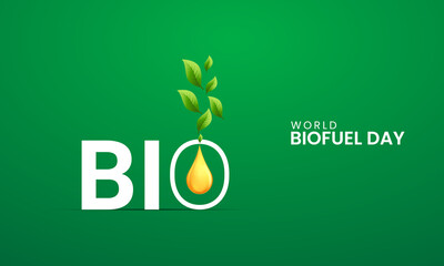 World biofuel day, Bio typography with petrol drop, green leaf, save environment, design for social media banner, poster, vector illustration. 