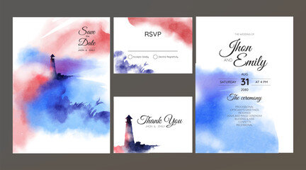 Sea and lighthouse watercolor landscape wedding invitation