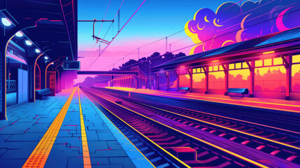 colorful line illustration of a railway station --ar 16:9 --stylize 250 --v 6 Job ID:...