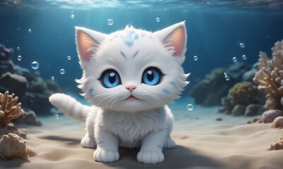 white baby cat been walking along the ocean floor, leaving a trail of tiny bubbles behind symbol of the sea's magic - obrazy, fototapety, plakaty