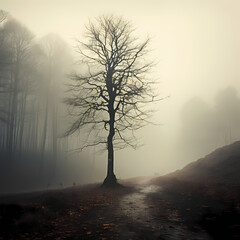 A lone tree in a foggy forest.