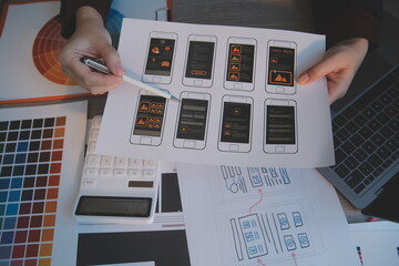 UX UI design process for modish mobile application and website . Creative prototype of wireframe...