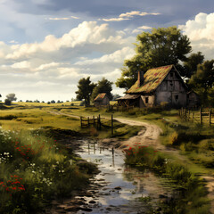 Fototapeta na wymiar A peaceful countryside scene with a rustic farmhouse