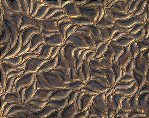 Openwork metal casting voluminous golden leaves, abstract petals background. Leaf tile pattern modules. Decorative floral ornament. 3D wall panel. Illustration - 759447859
