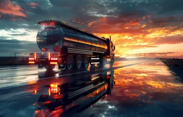 Zelfklevend Fotobehang a tank truck on the highway in the evening © Asep